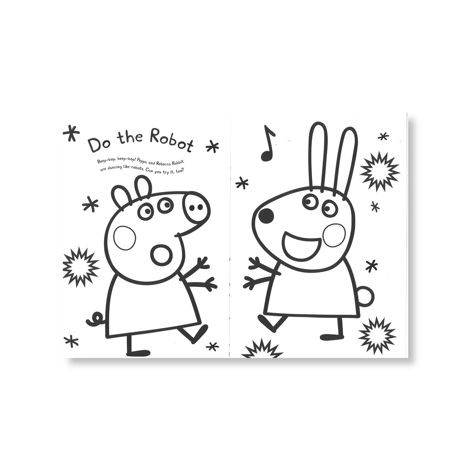 Close-up of Peppa Pig Let's Dance colouring pages with party and playground dances