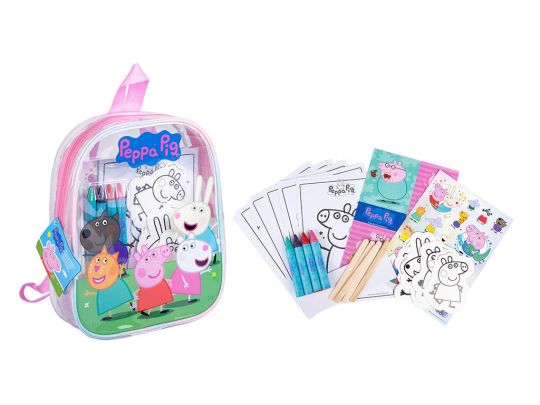 Peppa Pig Craft Backpack contents – crayons, stickers, and book