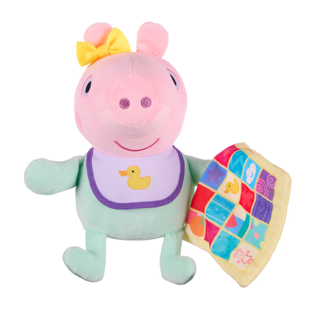 Detail of Peppa Pig Evie Plush with blanket, highlighting cuddly fabric and peek-a-boo play features for kids' imaginative fun