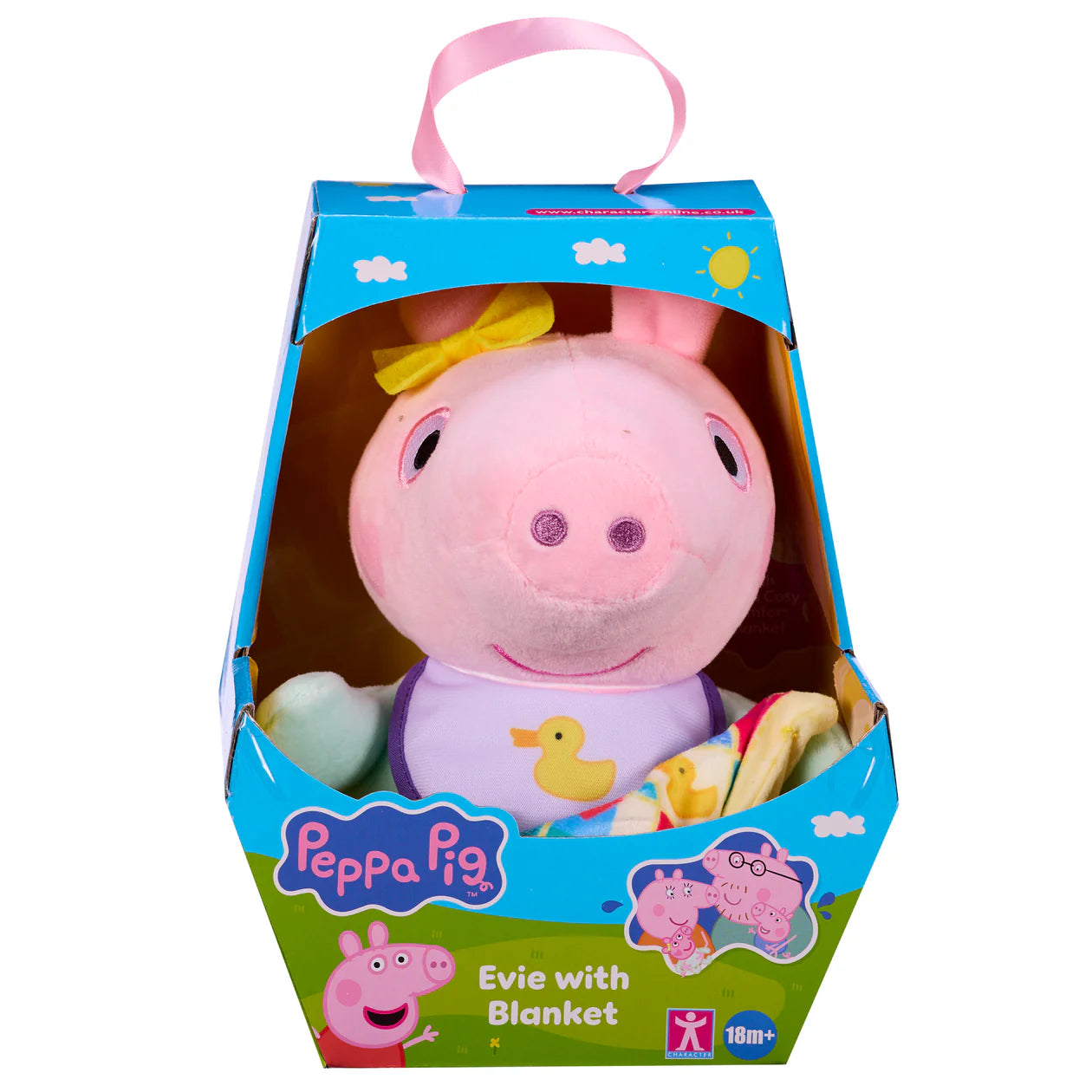 Peppa Pig Evie with Blanket Plush Toy front view in cradle box, showing supersoft baby pig with cosy blanket for ages 18m+, 19x16x10.5cm