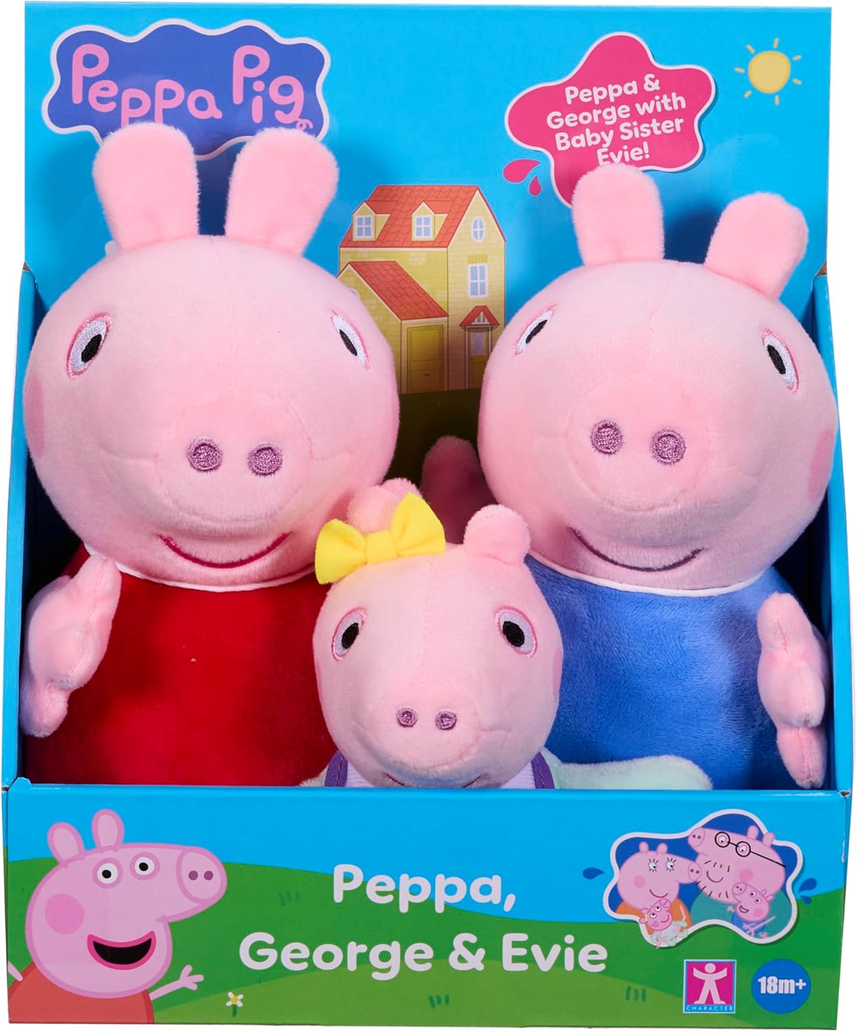 Peppa Pig, George and Evie 3-Pack plush toys front view with family group