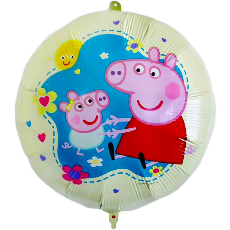 Peppa Pig With Little Baby Party Foil Balloon 46cm inflated roundly, showcasing joyful Peppa and baby designs on shiny foil with included weight, ribbon, and straw for kids' party decor