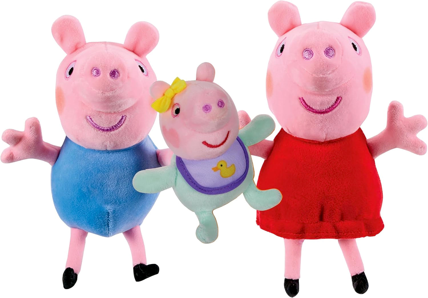 Close-up detail of Peppa Pig, George and Evie supersoft plush figures