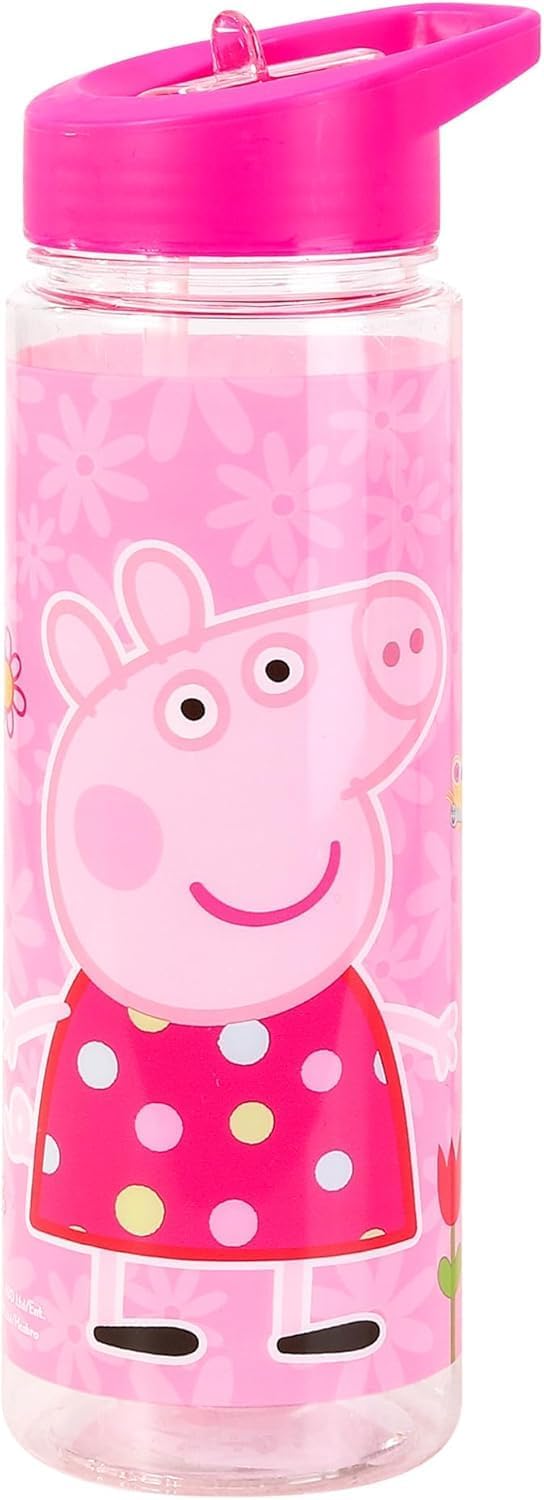 Peppa Pig 700ml Kids Water Bottle front view showing muddy puddle designs and ring handle on shatterproof plastic for kids 3+ hydration fun