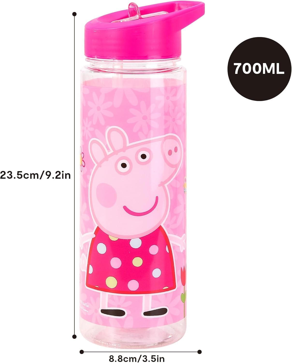 Peppa Pig Water Bottle size view highlighting 700ml capacity and compact shape for portable, dishwasher-safe use