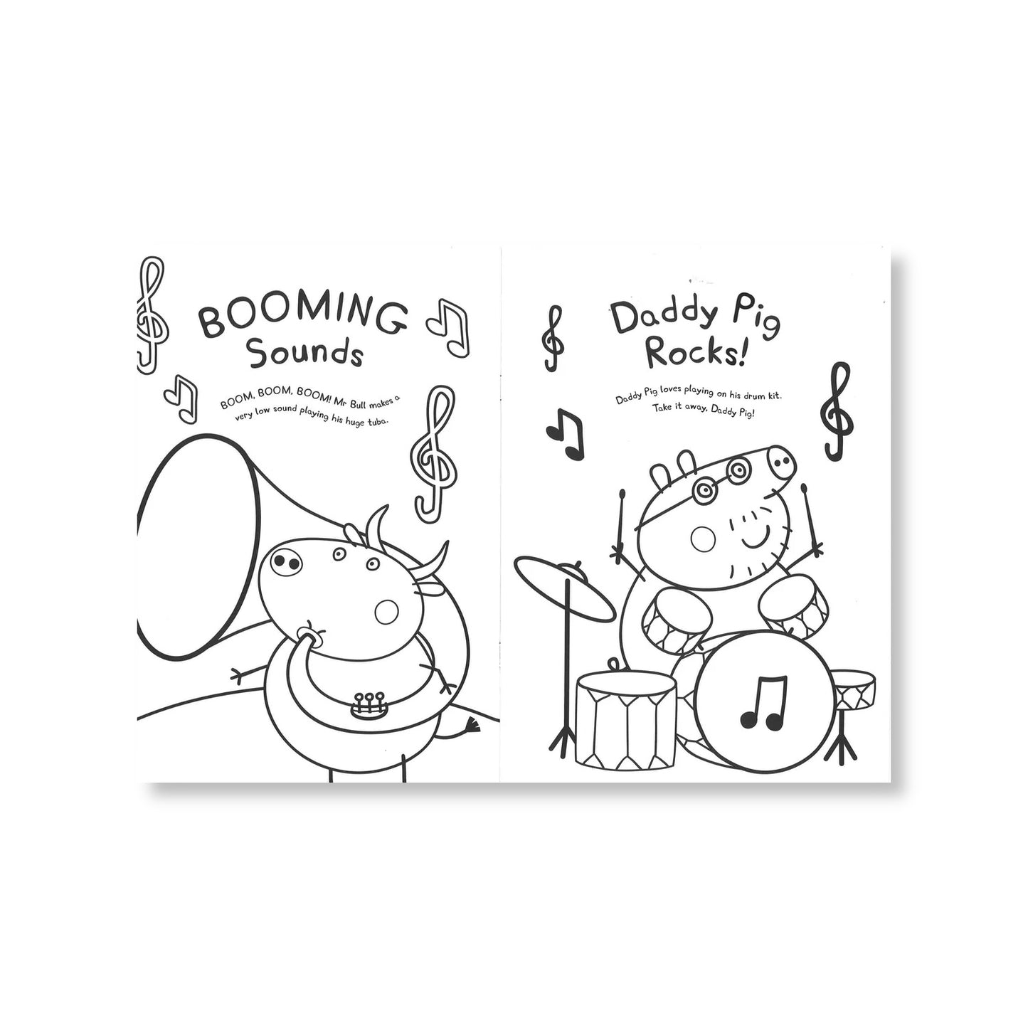 Close-up of Peppa Pig Bing Bong Bang colouring pages with drums, bells and laughter