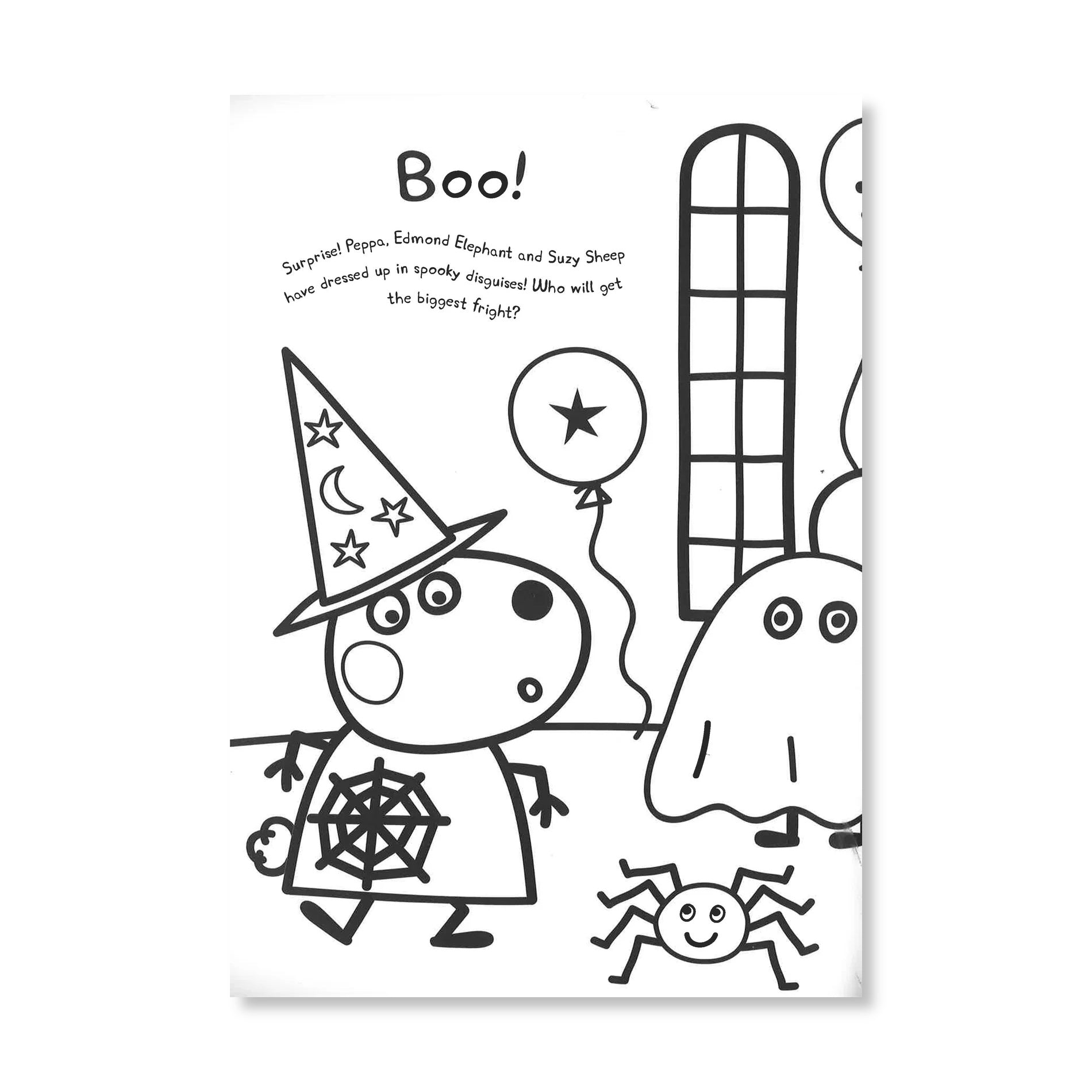 Close-up of Peppa Pig Secret Disguises colouring pages with hidden fun and friends