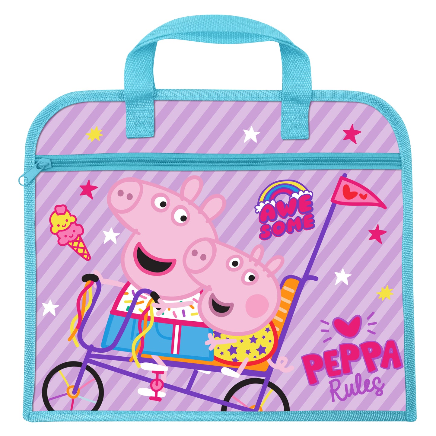 Children's bag with Peppa Pig design on a purple background