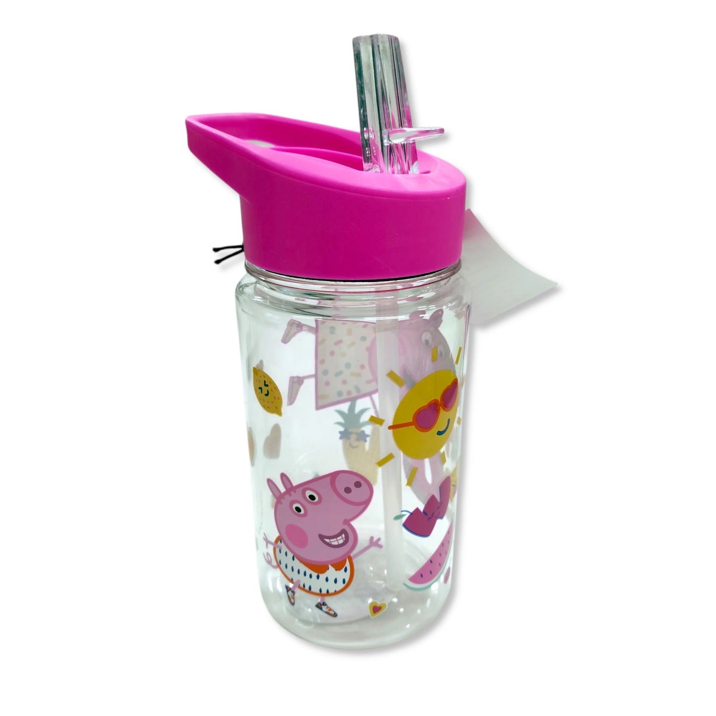 Peppa Pig 450ml Kids Water Bottle front view showing muddy puddle designs and ring handle on shatterproof plastic for kids 3+ hydration fun