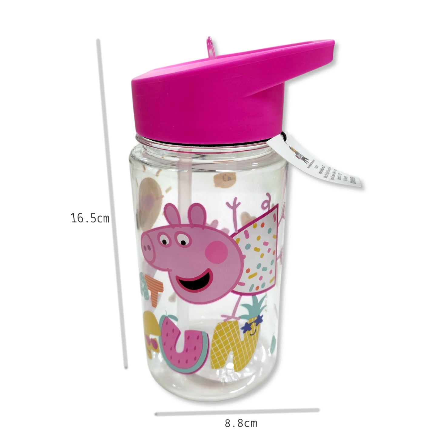 Peppa Pig Water Bottle size view highlighting 450ml capacity and compact shape for portable, dishwasher-safe use