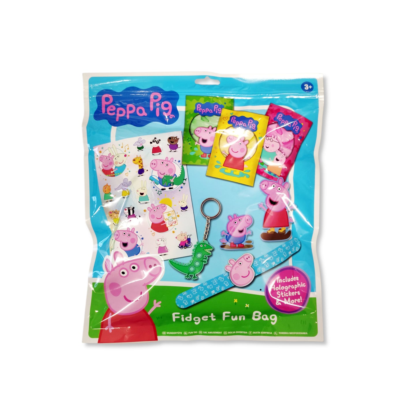 Peppa Pig Fidget Fun Bag front view showcasing goo bags, stickers, and fidget toys on colourful packaging, 31.5x28.2x2.5cm for kids' sensory play