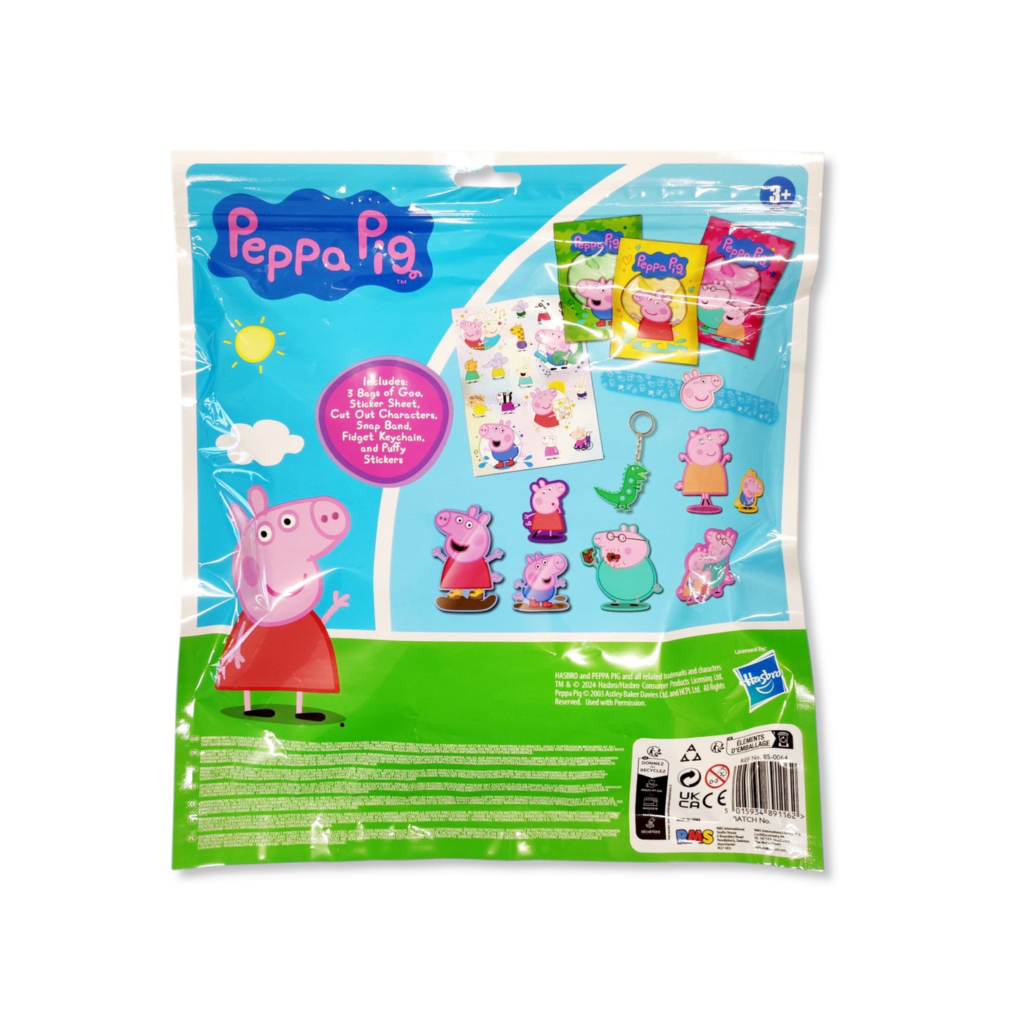 Peppa Pig Fidget Fun Bag back view highlighting included items like cut-outs, snap band, and keychain for Peppa-themed activity fun