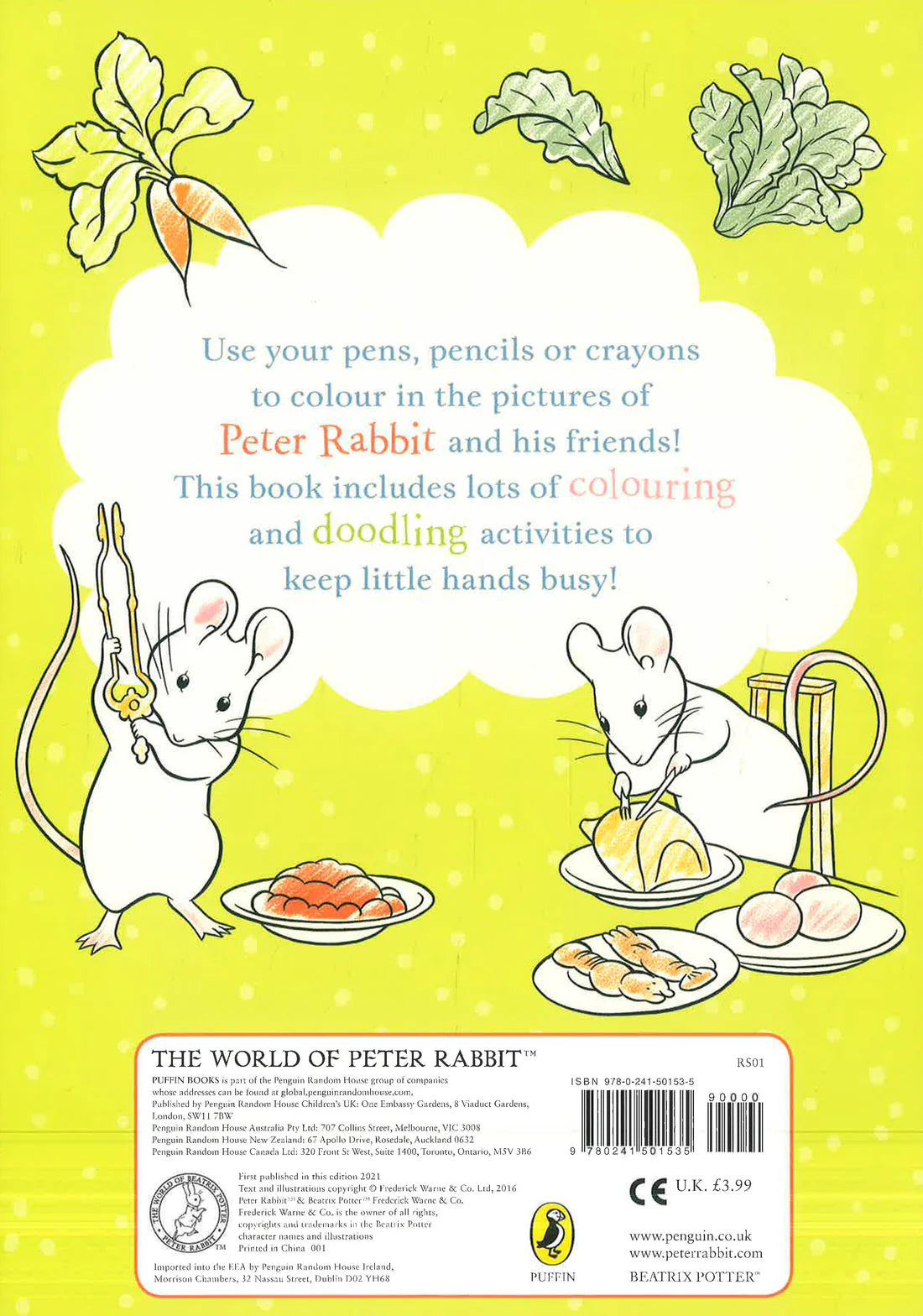 Peter Rabbit Favourite Foods Colour And Doodle Book back view showing sturdy soft cover and doodling details for busy, creative fun