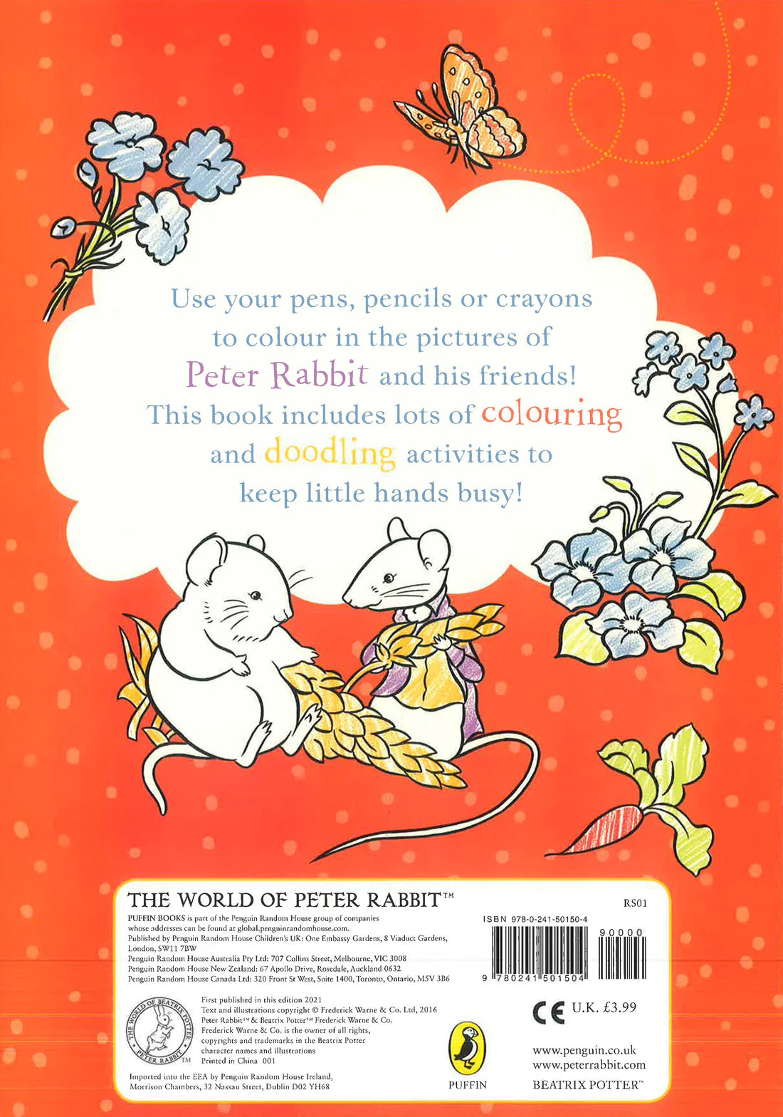 Peter Rabbit Food Colouring & Doodling Book back view showing sturdy soft cover and doodling details for busy, creative fun