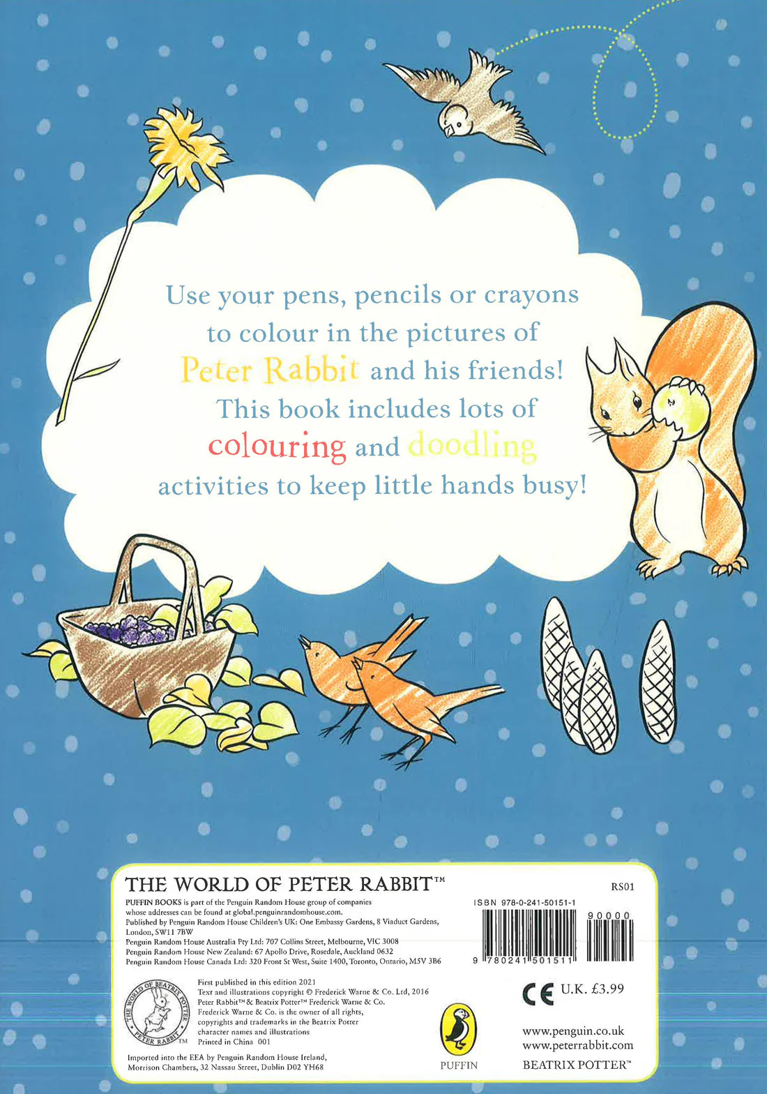 Peter Rabbit Great Outdoors Colour And Doodle Book back view showing sturdy soft cover and doodling details for busy, creative fun