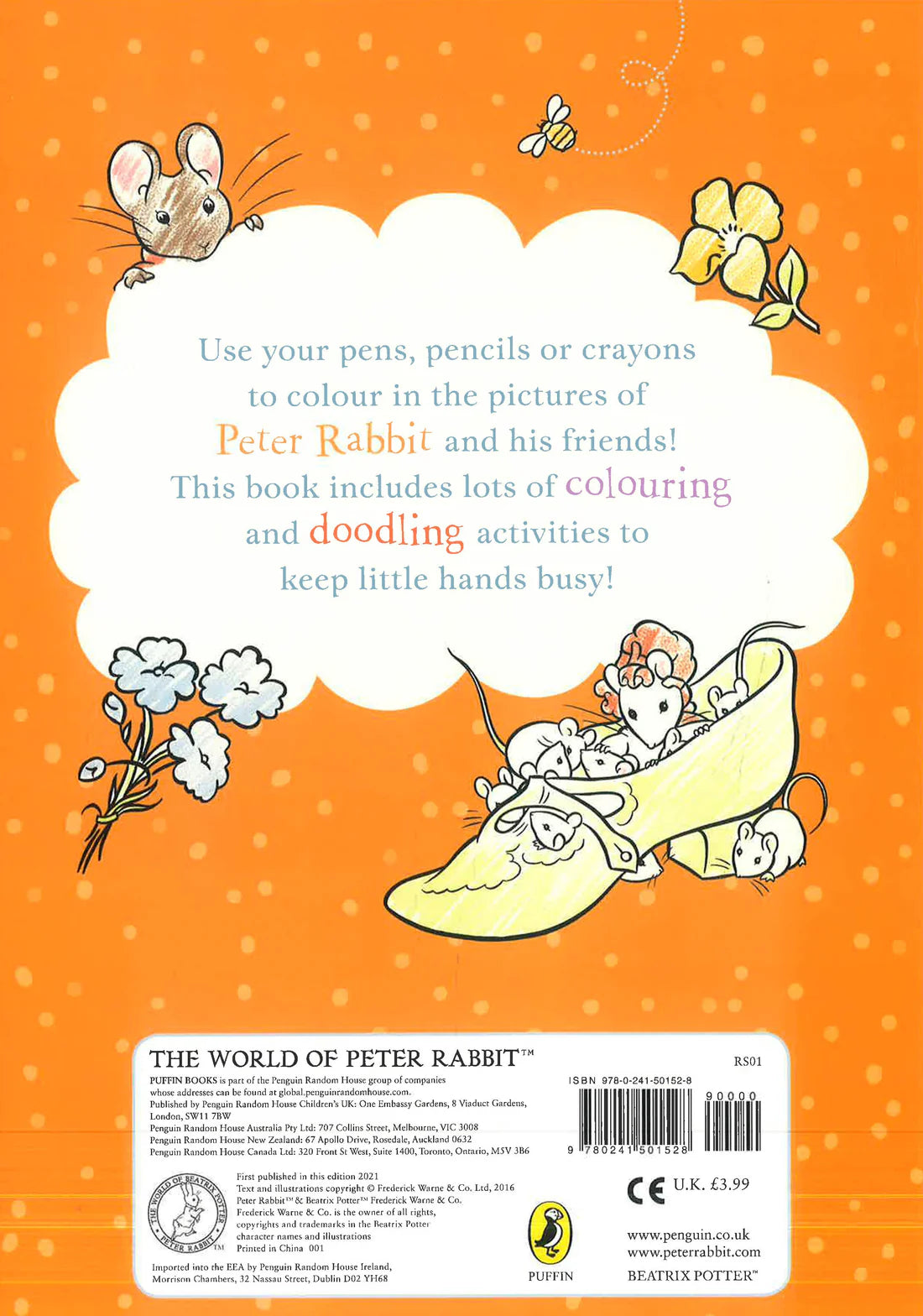 Peter Rabbit Homes And Hideouts Colour And Doodle Book back view showing sturdy soft cover and doodling details for busy, creative fun