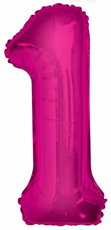 Pink Glitz Numeral 1 Foil Balloon inflated in shiny pink glitter shape, 86cm helium-ready for kids' parties