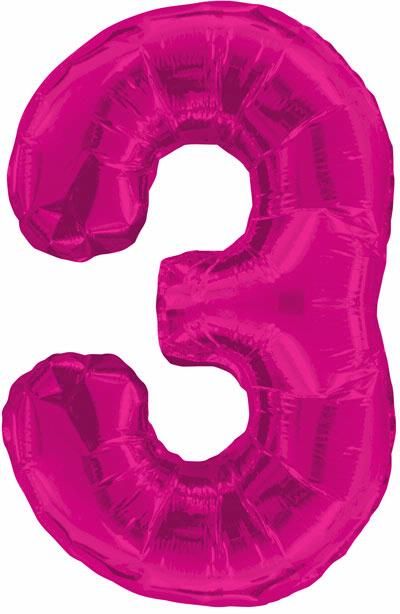 Pink Glitz Numeral 3 Foil Balloon inflated in shiny pink glitter shape, 86cm helium-ready for kids' parties