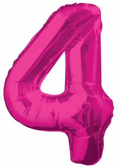 Pink Glitz Numeral 4 Foil Balloon inflated in shiny pink glitter shape, 86cm helium-ready for kids' parties