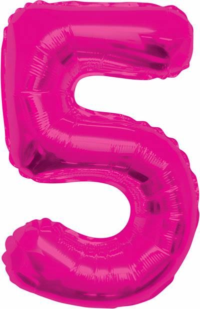Pink Glitz Numeral 5 Foil Balloon inflated in shiny pink glitter shape, 86cm helium-ready for kids' parties
