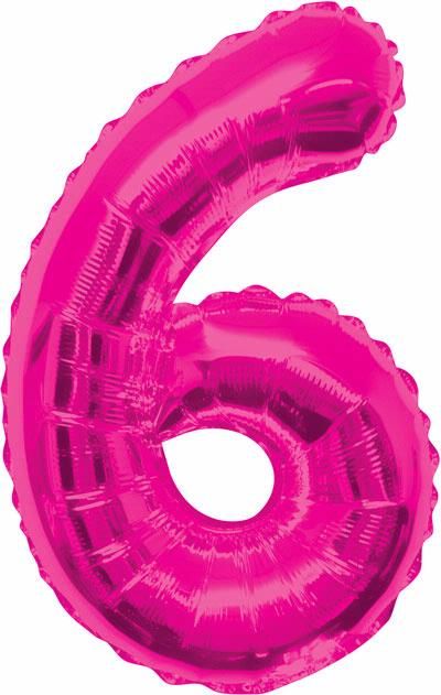 Pink Glitz Numeral 6 Foil Balloon inflated in shiny pink glitter shape, 86cm helium-ready for kids' parties