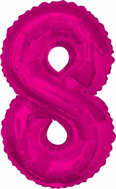 Packaging detail of Pink Glitz Numeral 8 Foil Balloon showing compact fold for easy storage and transport