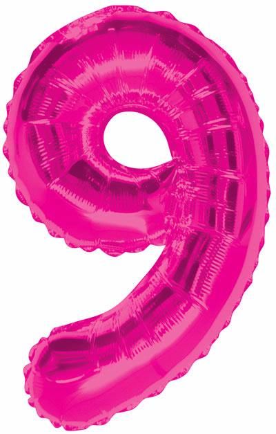 Pink Glitz Numeral 9 Foil Balloon inflated in shiny pink glitter shape, 86cm helium-ready for kids' parties