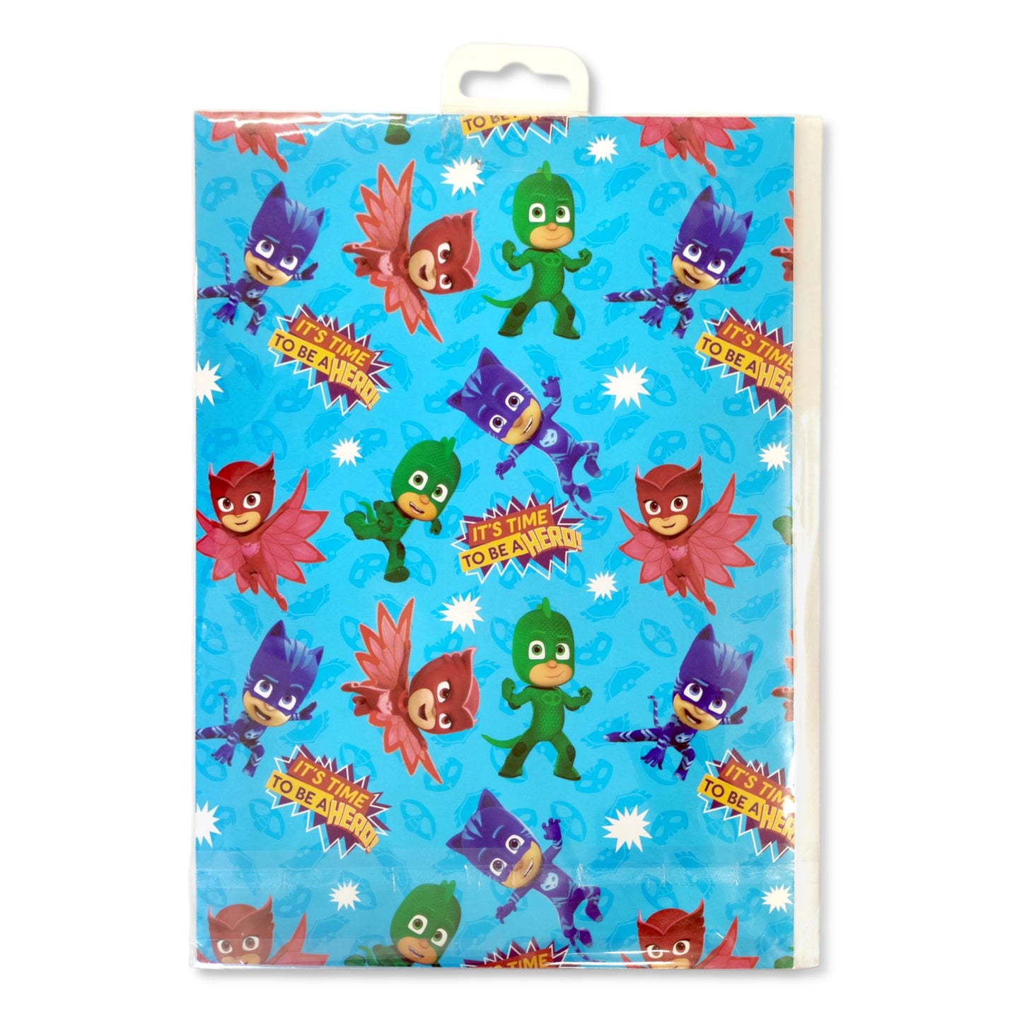 Back view of PJ Masks birthday card and tag with hero sloga