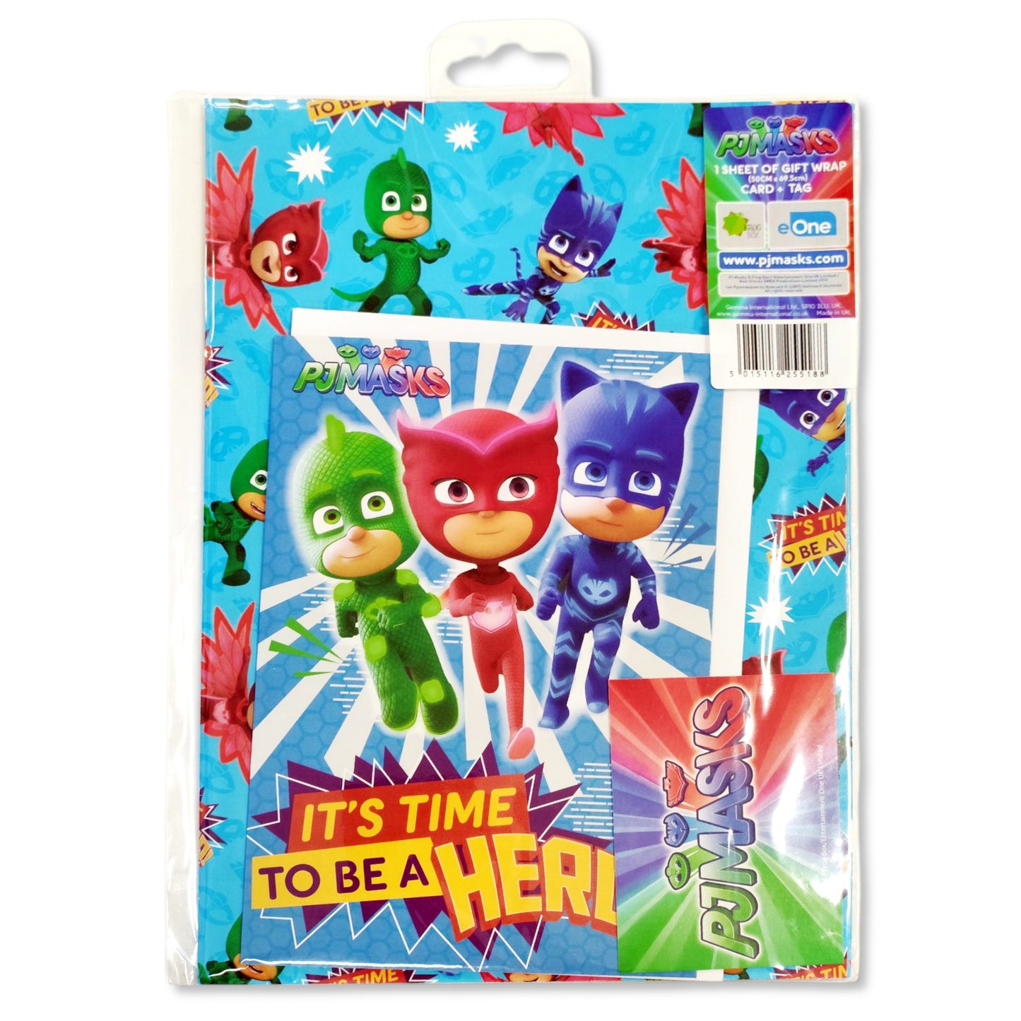 Front view of PJ Masks gift wrap 50x69.5cm with Catboy, Owlette and Gekko