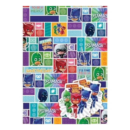 PJ Masks 2 Sheet Gift Wrap and 2 Tags with characters, logo and slogans on 50x69.5cm sheets