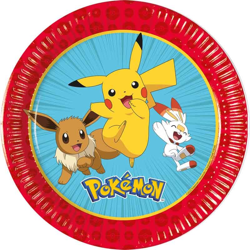 Pokemon Paper Plates Pack of 8, 19.5cm round recyclable with main heroes like Pikachu