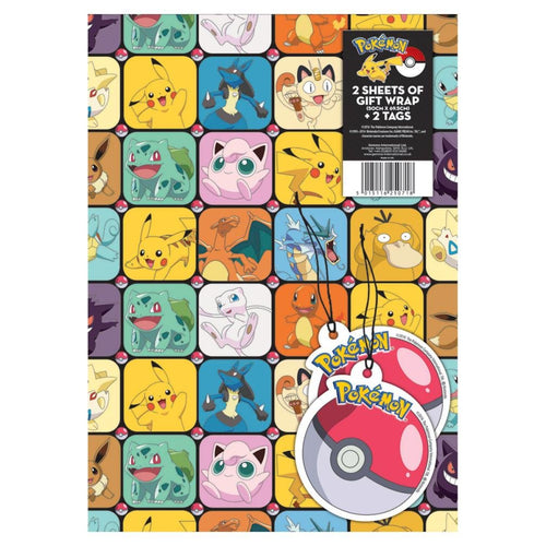 Pokémon Party Wrapping Paper & Gift Tags, 50 x 69.5 cm, 2 Sheets for Kids’ Gifts