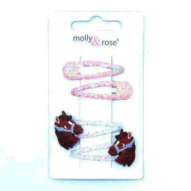 Set of 4 Sparkly Girls Hair Snap Clips, 2 Pony Motif and 2 Plain - Anilas UK