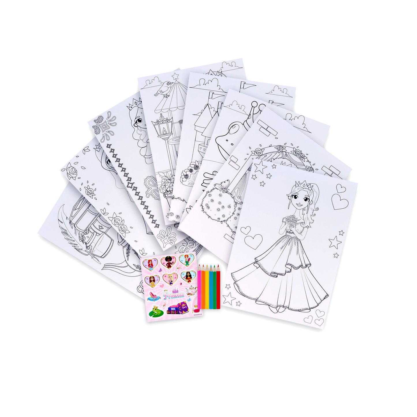 Interior spread of Princess Colouring Set revealing colouring sheets with castles and gowns, plus sticker details for creative play