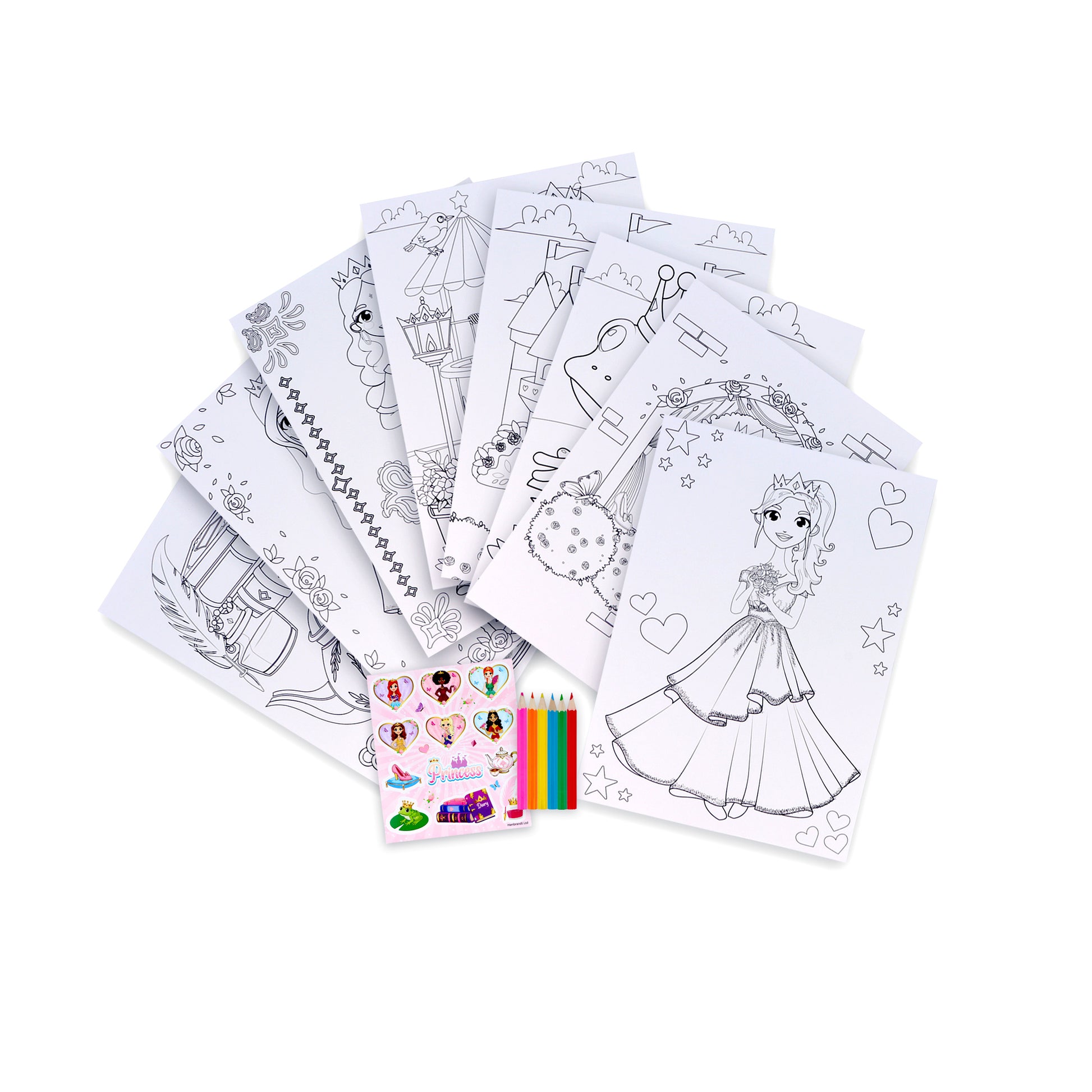 Interior spread of Princess Colouring Set revealing colouring sheets with castles and gowns, plus sticker details for creative play