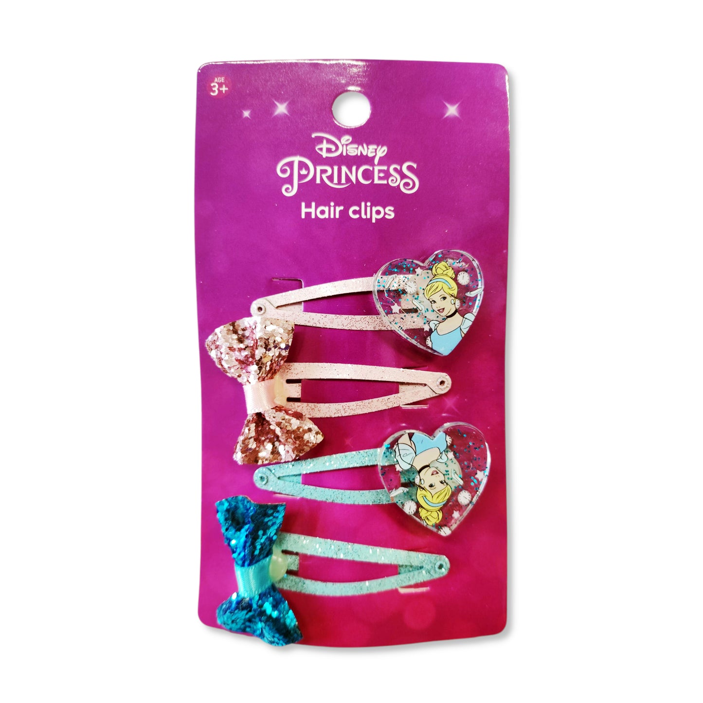 Pack of 4 Princess Hair Snap Clips front view displaying pink and blue glittery metal clips with diamond bows and transparent heart princess motifs on 4.8cm bases
