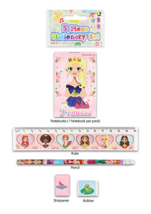 Princess Five Piece Stationery Set pack with mini notebook, ruler, pencil, sharpener and rubber in assorted designs