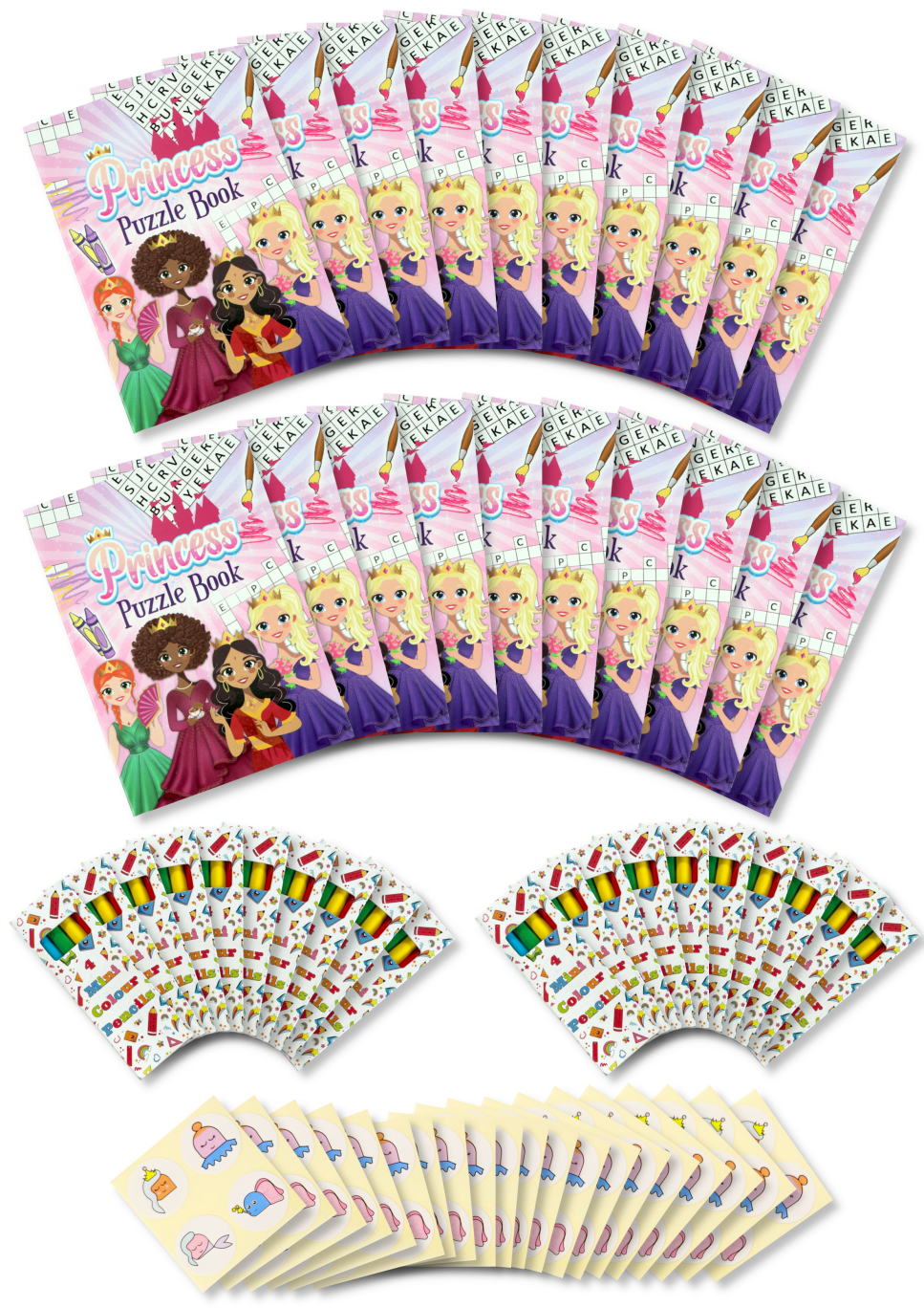 Assortment of 20 Themed Activity Books, 20 Sheets of Stickers and 20 Sets of Pencils - Anilas UK