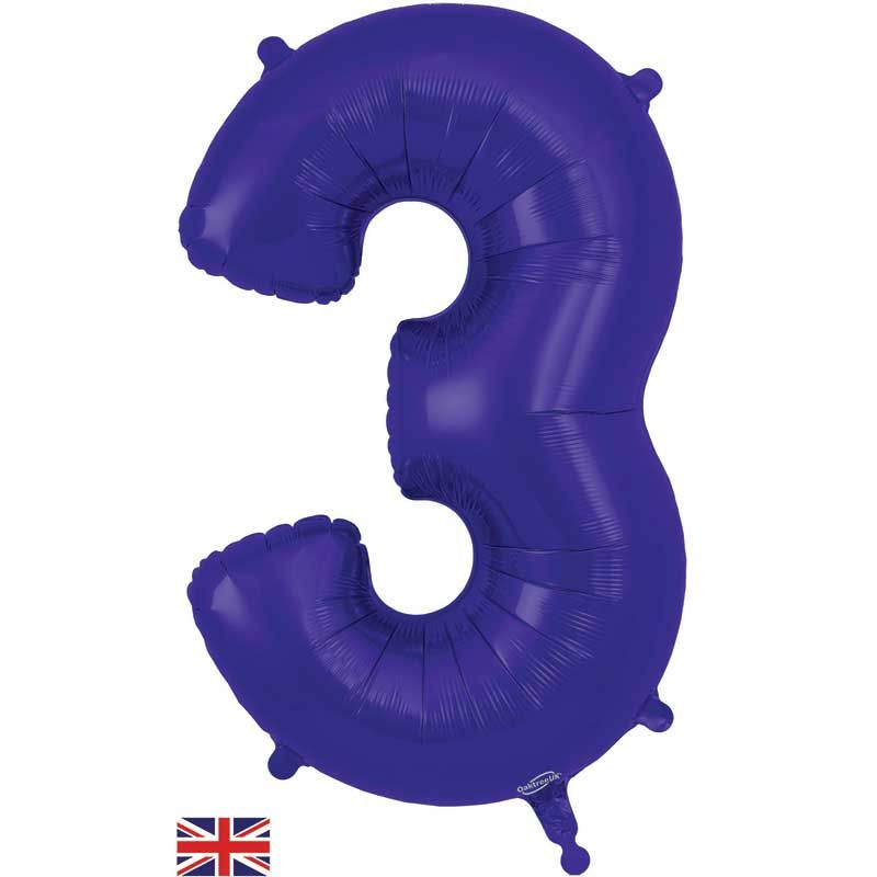 Purple Numeral 3 Jumbo Foil Balloon inflated in shiny rainbow glitter shape, 86cm helium-ready for kids' parties