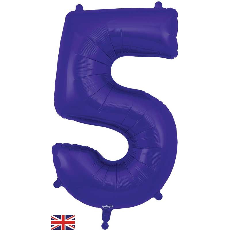 Purple Numeral 5 Jumbo Foil Balloon inflated in shiny rainbow glitter shape, 86cm helium-ready for kids' parties