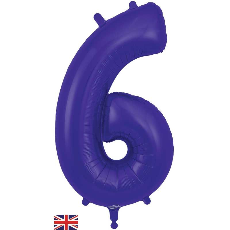 Purple Numeral 6 Jumbo Foil Balloon inflated in shiny rainbow glitter shape, 86cm helium-ready for kids' parties