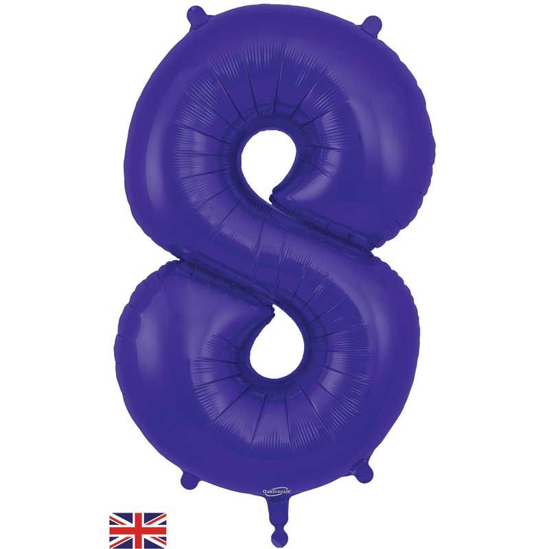 Purple Numeral 8 Jumbo Foil Balloon inflated in shiny rainbow glitter shape, 86cm helium-ready for kids' parties