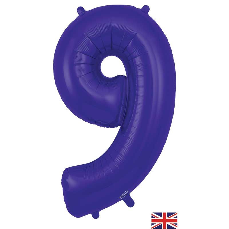 Purple Numeral 9 Jumbo Foil Balloon inflated in shiny rainbow glitter shape, 86cm helium-ready for kids' parties