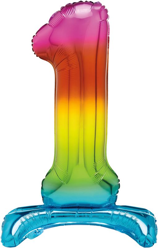 Rainbow Numeral 1 Foil Standing Balloon inflated in shiny rainbow glitter shape, 76cm helium-ready for kids' parties