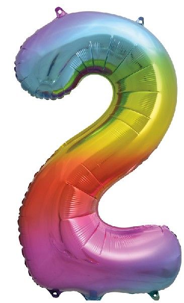 Rainbow Numeral 2 Foil Balloon inflated in shiny rainbow glitter shape, 86cm helium-ready for kids' parties