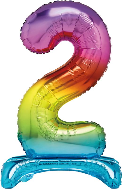 Rainbow Numeral 2 Foil Standing Balloon inflated in shiny rainbow glitter shape, 76cm helium-ready for kids' parties