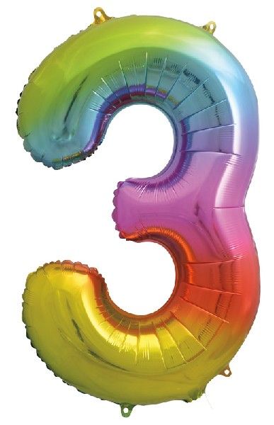 Rainbow Numeral 3 Foil Balloon inflated in shiny rainbow glitter shape, 86cm helium-ready for kids' parties