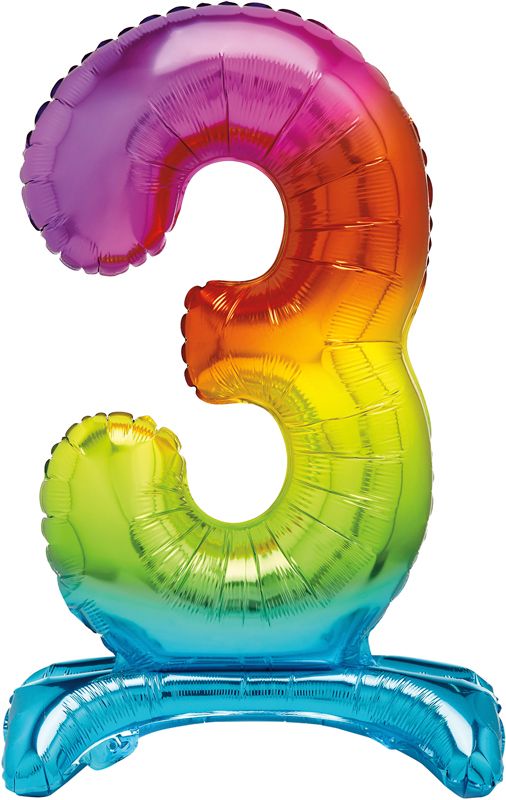 Rainbow Numeral 3 Foil Standing Balloon inflated in shiny rainbow glitter shape, 76cm helium-ready for kids' parties