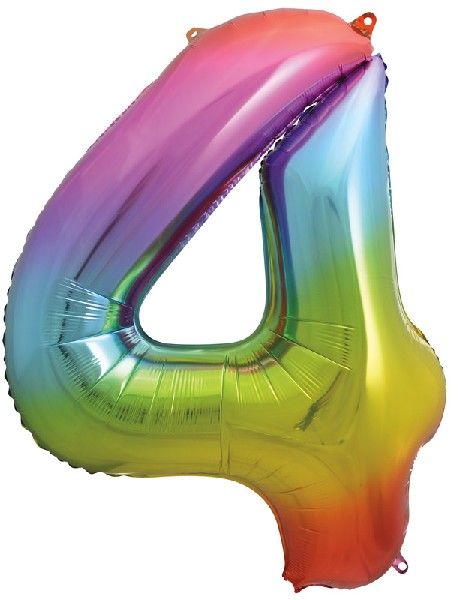 Rainbow Numeral 4 Foil Balloon inflated in shiny rainbow glitter shape, 86cm helium-ready for kids' parties