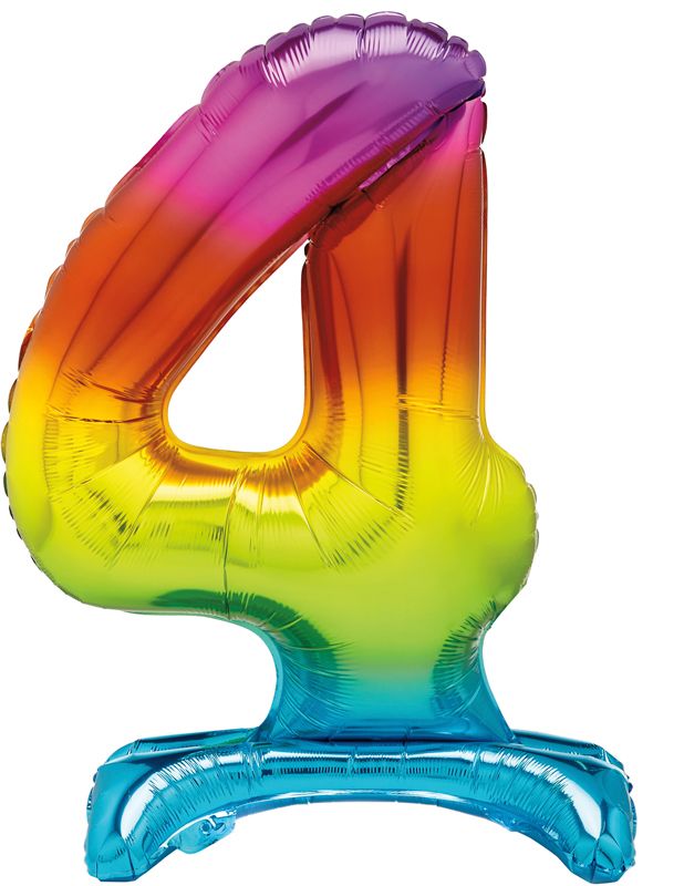 Rainbow Numeral 4 Foil Standing Balloon inflated in shiny rainbow glitter shape, 76cm helium-ready for kids' parties